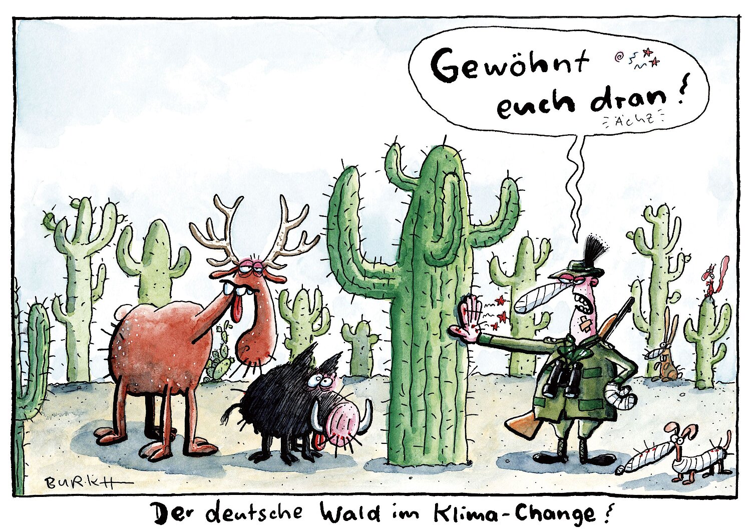 "Der deutsche Wald im Klima Change". Karikatur gezeichnet von Burkhard Fritsche (Deutschland) für den „Kaktus Cartoon Award“.