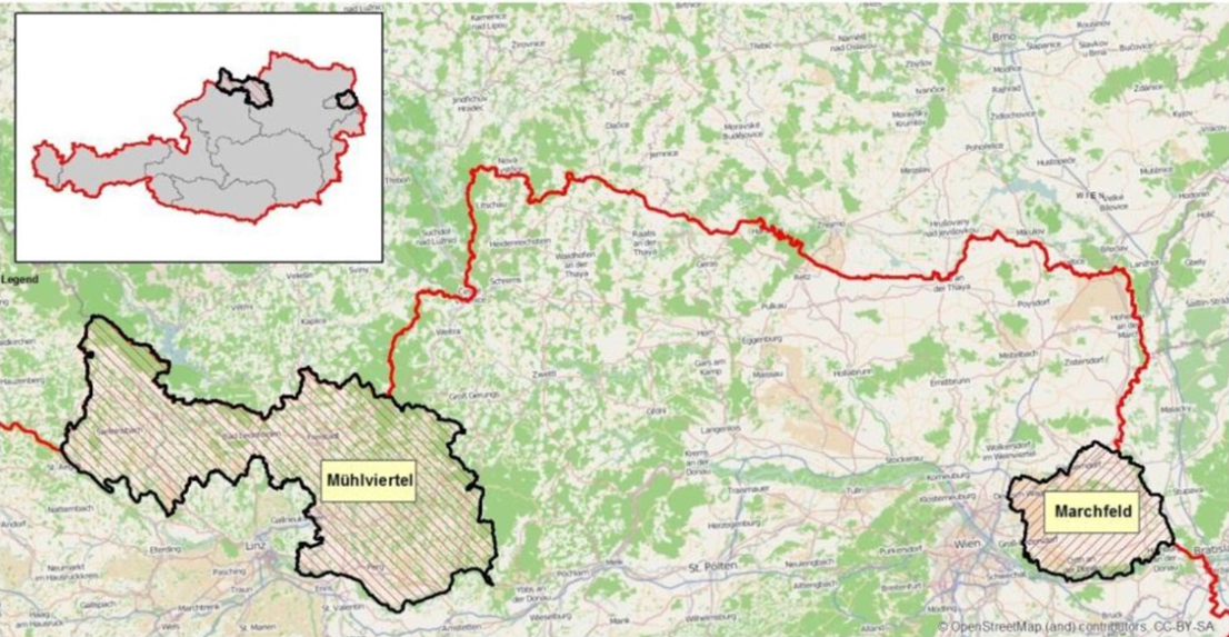 Karte der Testregionen Mühlviertel und Marchfeld
