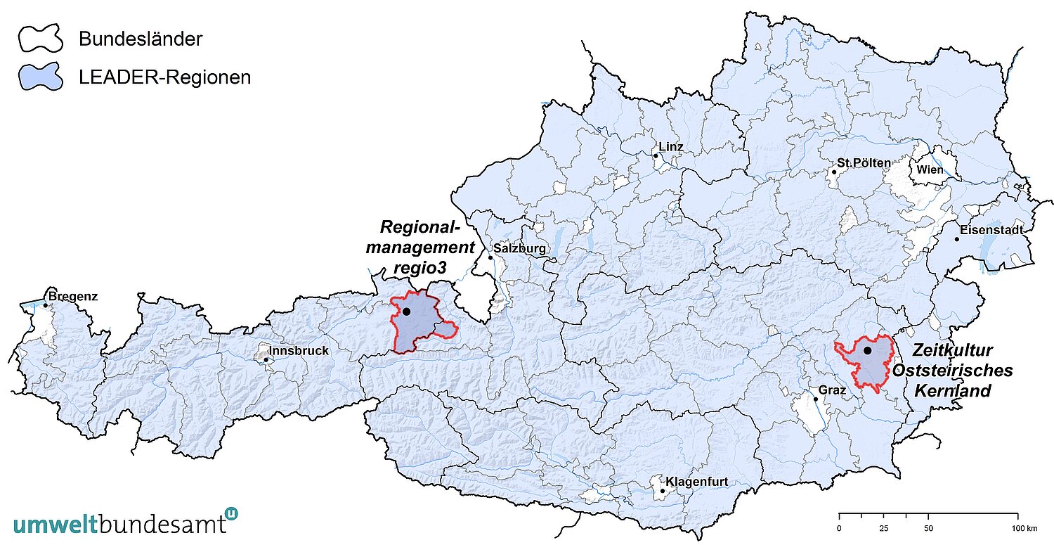 Lage der beiden LEADER-Regionen, für die gemeinsam mit Stakeholdern transformative Klimamaßnahmen erarbeitet wurden