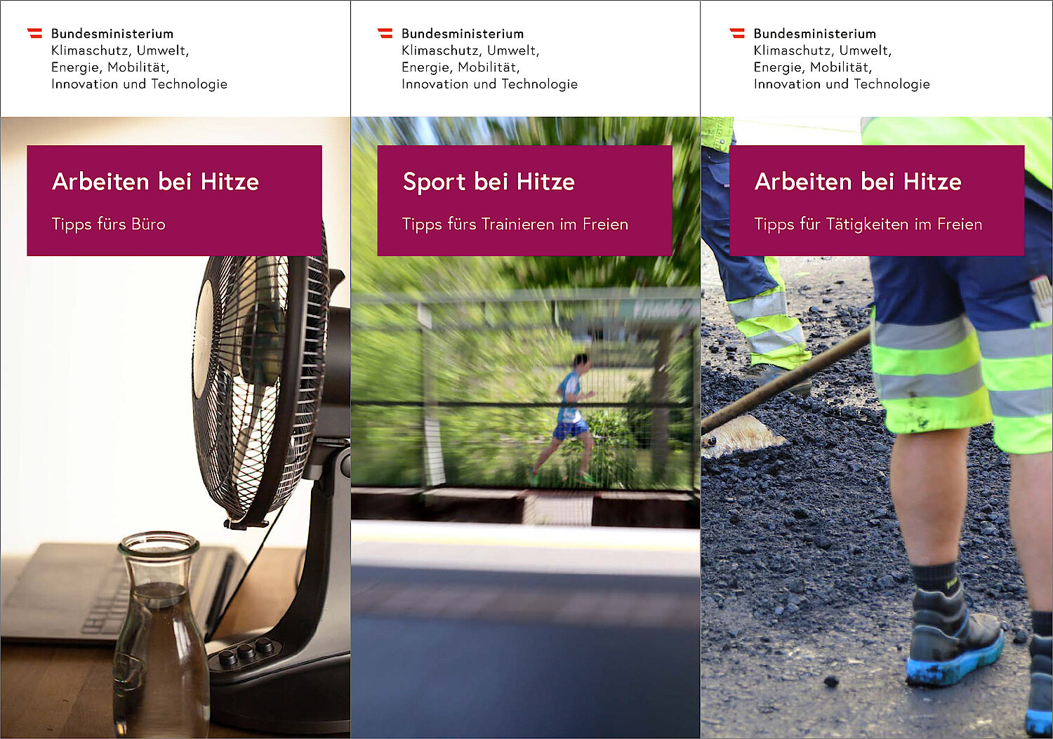 Titelseiten von drei Broschüren zu den Themen: Tipps fürs Arbeiten und Sport bei Hitze