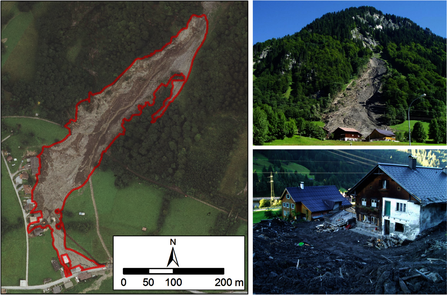 Beispiele für ein großes Einzelextremereignis: Hangmure bei Danöfen (Vorarlberg) am 23. 08. 2005.