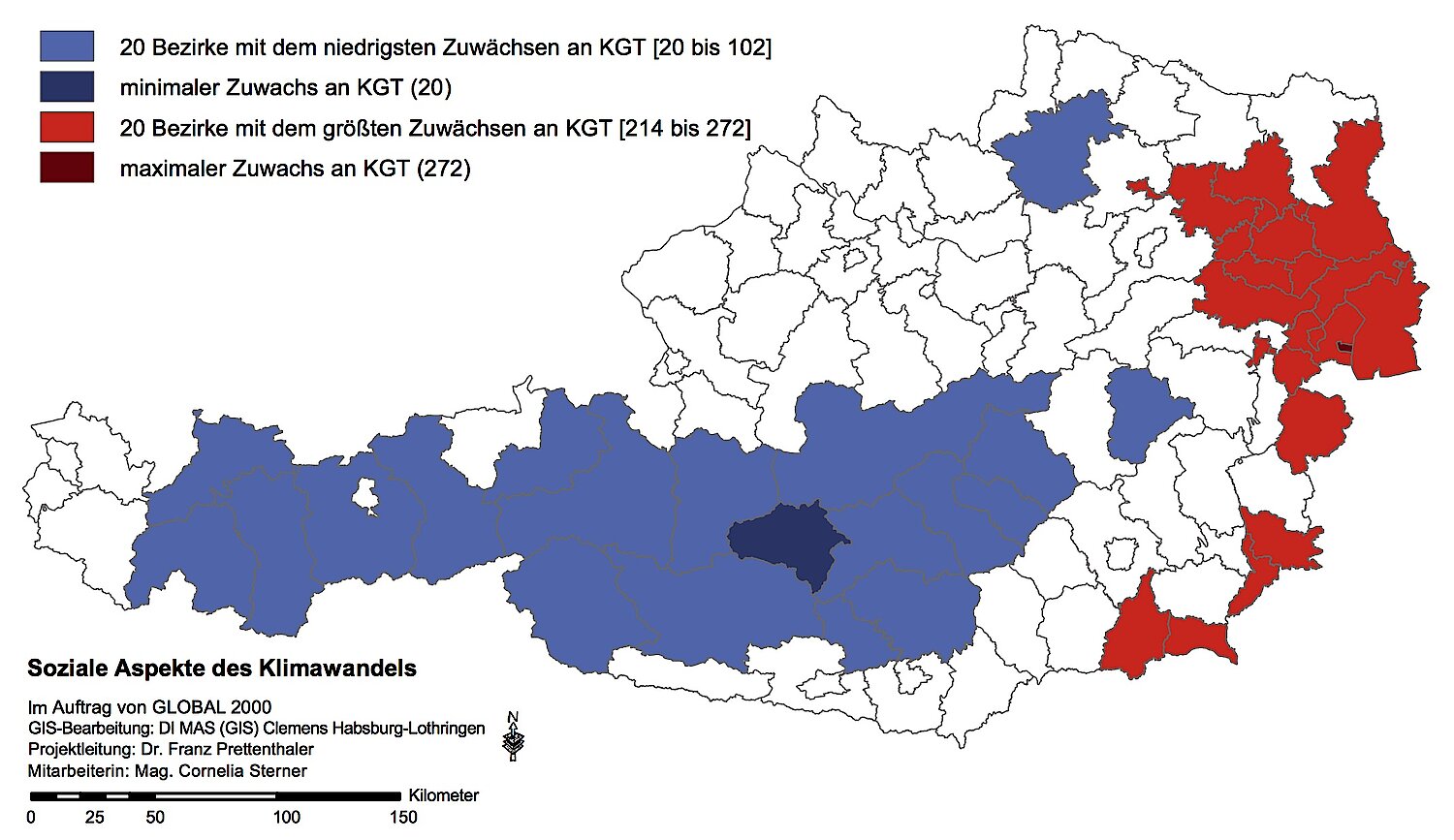 Österreichkarte: Die Bezirke mit den kleinsten und größten Zuwächsen an Kühlgradtagen 1981 bis 2041.