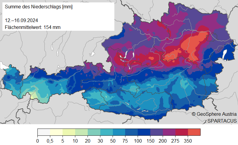 Extreme Regenmengen im September 2024. Dargestellt ist die Niederschlagsmenge im Zeitraum 12. bis 16. September 2024. Auswertung mit SPARTACUS-Daten. Quelle: GeoSphere Austria. Summe der Niederschläge von 12.-16.9.2024