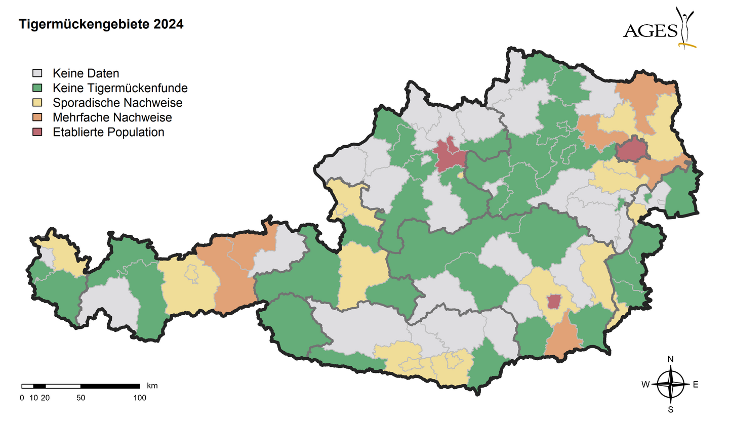 Tigermückengebiete 2024 Die Karte zeigt die Tigermückenfunde, sporadische oder mehrfache Nachweise sowie etablierte Populationen