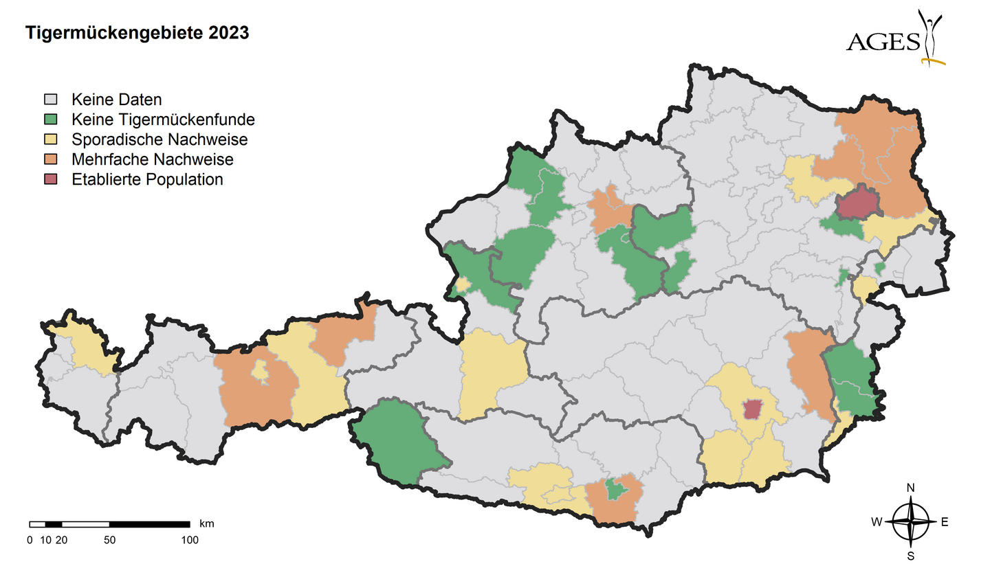 Tigermückengebiete 2023 Die Karte zeigt die Tigermückenfunde, sporadische oder mehrfache Nachweise sowie etablierte Populationen