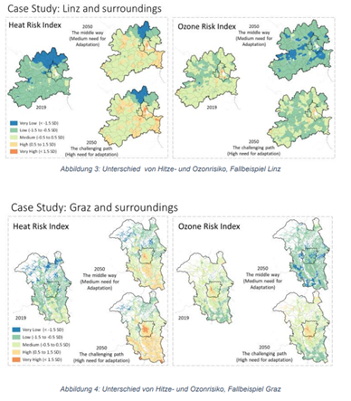 Hitzerisikoindex und Ozonrisikoindex für Graz, 5 Stufen, mehr Hitze im Süden, höhere Ozonwerte im Zentrum