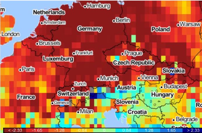 Europakarte des SPEI-6 (Februar – Oktober) des Jahres 2018; Daten- und Bildquelle: CSIC (2018), Map tiles by Stamen Design, CC BY 3.0 – Map data Europakarte des SPEI-6 (Februar – Oktober) des Jahres 2018; Daten- und Bildquelle: CSIC (2018), Map tiles by Stamen Design, CC BY 3.0 – Map data