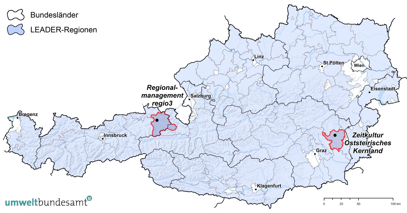 Lage der beiden LEADER-Regionen, für die gemeinsam mit Stakeholdern transformative Klimamaßnahmen erarbeitet wurden