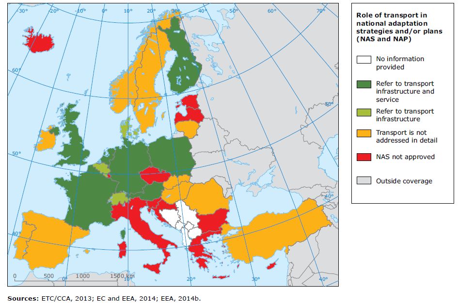 Rolle des Transportsektors in den nationalen Anpassungsstrategien oder –plänen (EEA Report| No 8/2014, Map 2.2, p. 21) Europakarte Transportnetzwerk