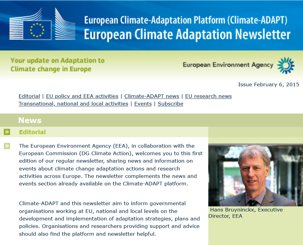 Erste Ausgabe des Climate-ADAPT-Newsletters (Ausschnitt) Screenshot erste Newsletter-Ausgabe ClimateAdapt