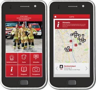 Links: Stadt Graz Feuerwehr App – Startmenü Rechts: Stadt Graz Feuerwehr App – Karte mit Feuerwachen und Rettungsmitteln Feuerwehr-App