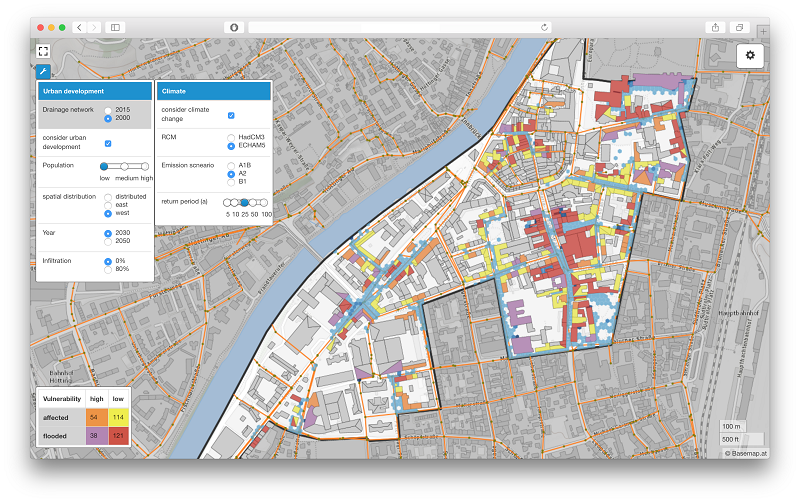 Screenshot des WebGIS mit farblicher Kennzeichnung der unterschiedlichen Gefährdungsgrade 