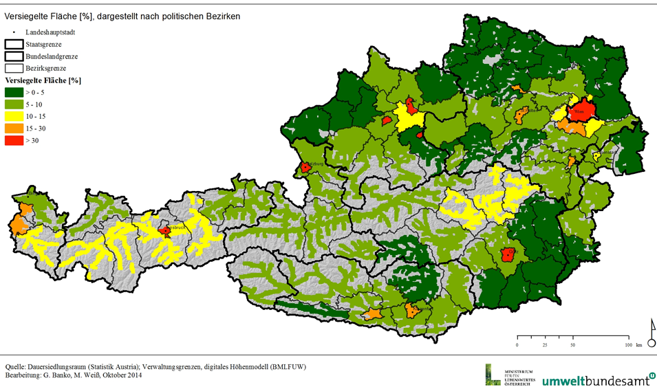 Karte mit dem Anteil der versiegelten Fläche am Dauersiedlungsraum in Österreich