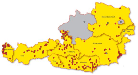 Anzahl und Lage der e5 Gemeinden in Österreich, Stand Dezember 2015 Österreichkarte mit Kennzeichnung der e5 Gemeinden