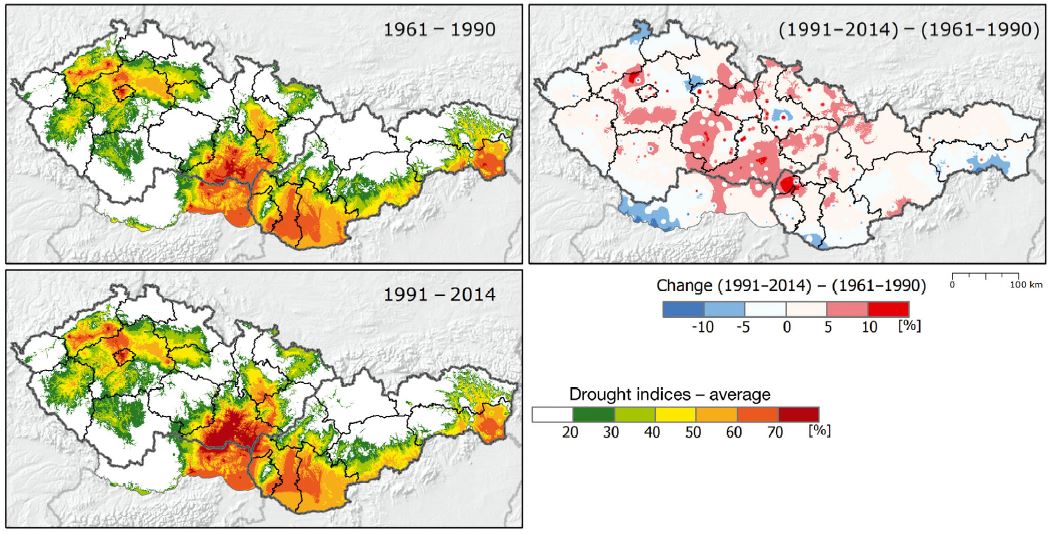 (Zeitlicher) Anteil von Trockenperioden an den Beobachtungszeiträumen 1961–1990 und 1991–2004, sowie relative Veränderung vom ersten zum zweiten Beobachtungszeitraum. Quelle: M. Trnka, J. Balek, P. Štěpánek, P. Zahradní, M. Možný, J. Eitzinger, Zdeněk Žalud, H. Formayer, M. Turňa, P. Nejedlík, D. Semerádová, P. Hlavinka, R. Brázdil: Drought trends over part of Central Europe between 1961 and 2014. Clim. Res. 70:143–160 (Zeitlicher) Anteil von Trockenperioden an den Beobachtungszeiträumen 1961–1990 und 1991–2004, sowie relative Veränderung vom ersten zum zweiten Beobachtungszeitraum.