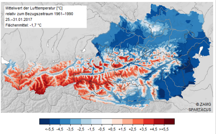 Mittelwert der Lufttemperatur für ganz Österreich aus der Klimatothek