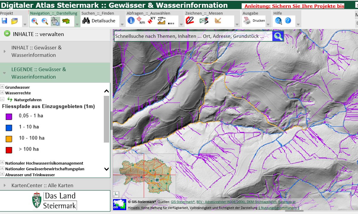 Ausschnitt Hangwasser- Gefahrenhinweiskarte aus dem Digitalen Atlas Steiermark. 