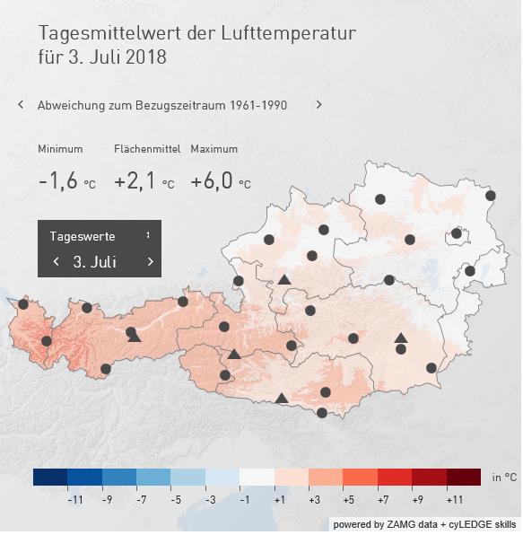 Abbildung: Abweichungen des Tagesmittelwerts der Lufttemperatur von 3. Juli 2018 im Vergleich zum Zeitraum 1961 bis 1990 Beispiel für Abweichungen des Tagesmittelwerts der Lufttemperatur