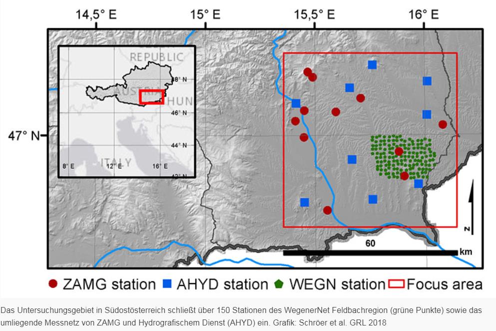 Das Untersuchungsgebiet in Südostösterreich schließt über 150 Stationen des WegenerNet Feldbachregion (grüne Punkte) sowie das umliegende Messnetz von ZAMG und Hydrografischem Dienst (AHYD) ein.