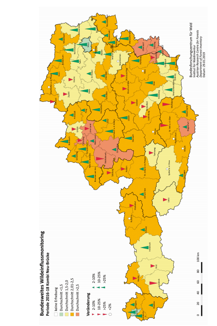 Wildeinfluss 2016-2018. Die Karte zeigt das mittlere Wildeinflussniveau der einzelnen Bezirke in vier Stufen und ergibt sich aus der durchschnittlichen Bewertung der Wildeinflussmonitoring-Probepunkte in einem Bezirk. Rote Pfeile bedeutet eine Zunahme, grüne Pfeile zeigen eine Verbesserung an. Wildeinfluss 2016-2018. Die Karte zeigt das mittlere Wildeinflussniveau der einzelnen Bezirke in vier Stufen und ergibt sich aus der durchschnittlichen Bewertung der Wildeinflussmonitoring-Probepunkte in einem Bezirk. Rote Pfeile bedeutet eine Zunahme, grüne Pfeile zeigen eine Verbesserung an.