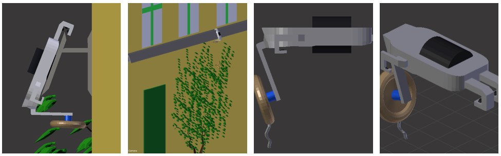 Abbildung 3: Schematische Darstellung des schienengeführten Roboters für den Pflegeschnitt: (a) schematische Darstellung des Roboters, (b) Übersichtsansicht zur Beurteilung des Größenverhältnisses, (c) Seitenansicht, (d) Draufsicht