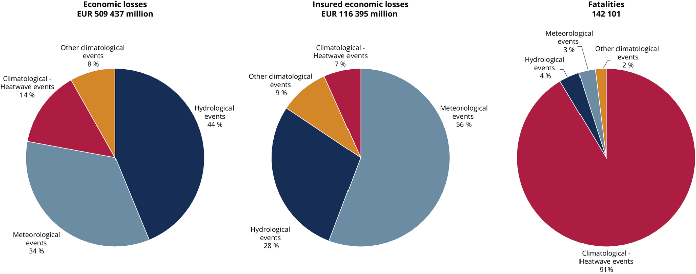 Tortendiagramme die die wirtschaftlichen Schäden durch wetter- und klimabedingte Extremereignisse in den EEA Mitgliedsländern von 1980 bis 2020darstellen
