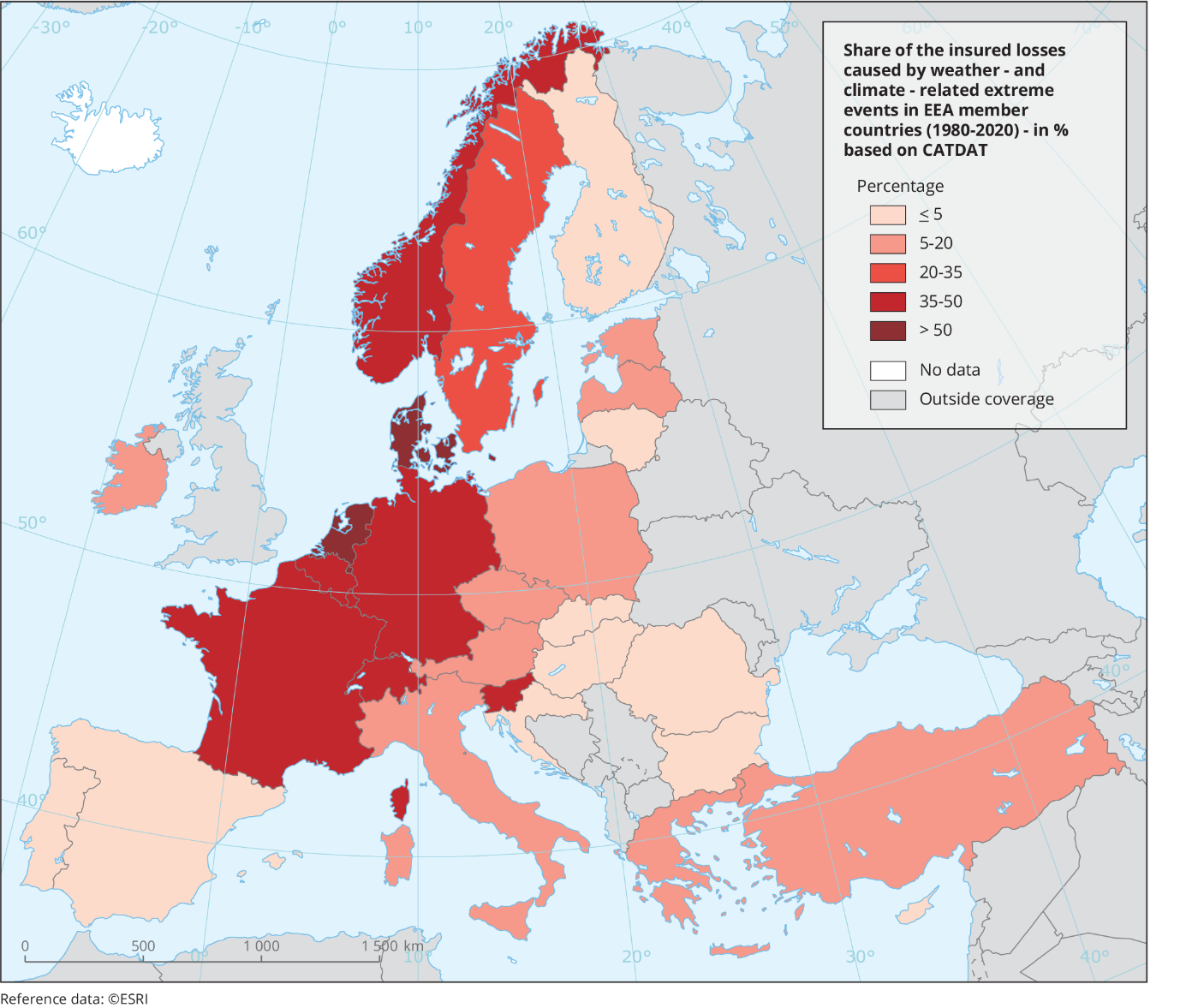 Karte mit dem Anteil der durch wetter- und klimabezogene Extremereignisse verursachten versicherten Schäden in den EEA Mitgliedsländern (1980 – 2020)