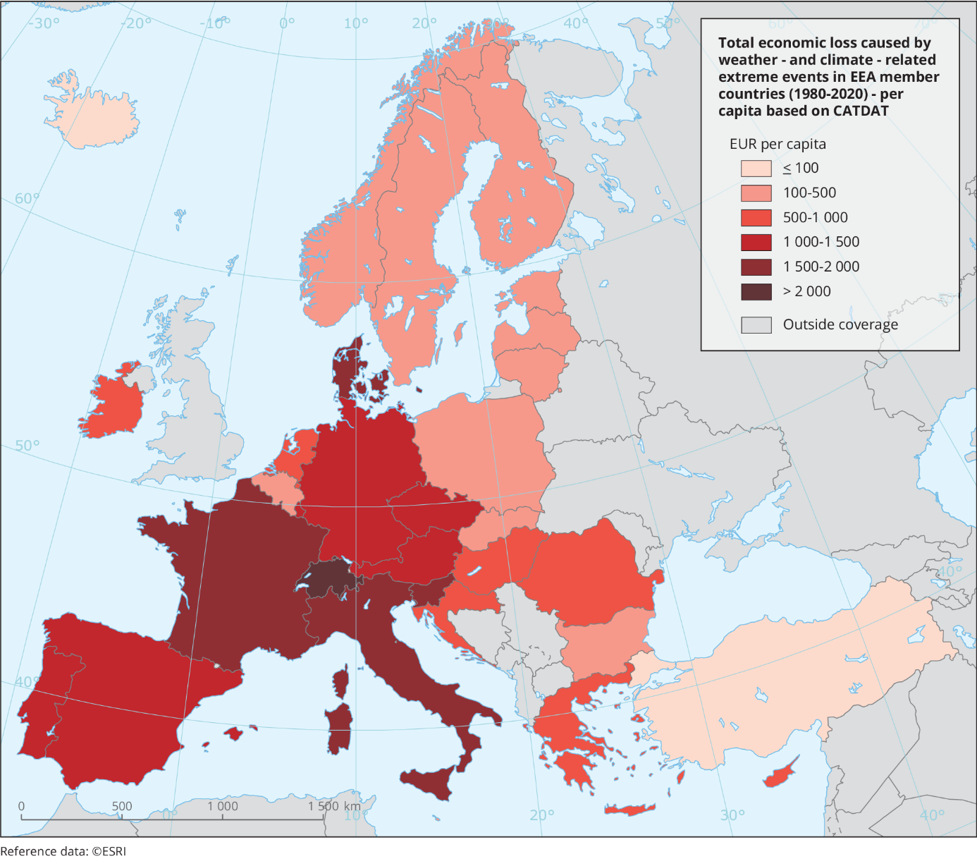 Karte die den gesamten wirtschaftlichen Schaden durch wetter- und klimabedingte Extremereignisse in den EEA Mitgliedsländern (1980 – 2020) pro Kopf zeigt