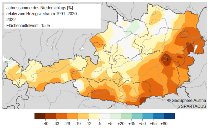 Österreichkarte zeigt auf, dass 2022 eines der 15 trockensten Jahre der Messgeschichte war.
