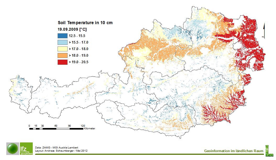 Simulierte Bodentemperatur unter Grünland am 19. September 2009 im 1x 1 km Raster