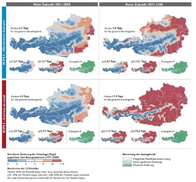Simulierte Änderung der Hitzetage gegenüber dem Bezugszeitraum (1971-2000). Quelle: ÖKS15 Simulierte Änderung der Hitzetage gegenüber dem Bezugszeitraum (1971-2000). Quelle: ÖKS15