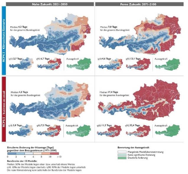 Simulierte Änderung der Hitzetage gegenüber dem Bezugszeitraum (1971-2000). Quelle: ÖKS15