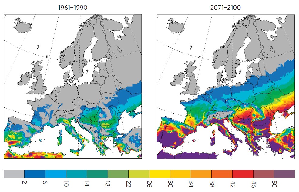 Veränderung des Hitzestresses in Europa. Mittelwert (Tage) regionaler Klimamodelle 1961-1990 vs. 2071-2100 (Fischer und Schär, 2010). Quelle: ZAMG Veränderung des Hitzestresses in Europa. Mittelwert (Tage) regionaler Klimamodelle 1961-1990 vs. 2071-2100 (Fischer und Schär, 2010). Quelle: ZAMG