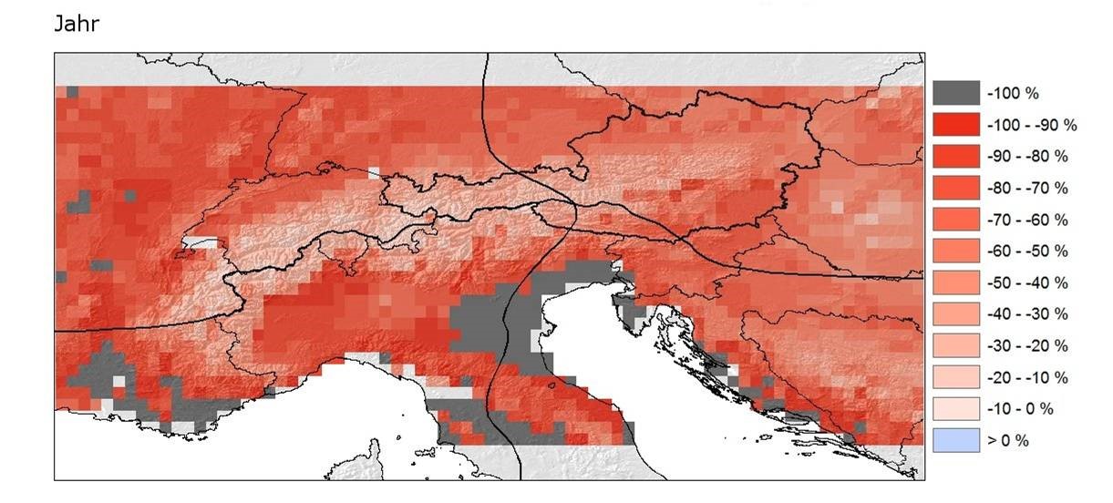 Prozentuelle Änderung der Schneedeckendauer (Jahresmittel 2041-2070 bezogen auf 1961-1990) aus regionalen Klimamodellierungsdaten des Modells CCLM. Graue Flächen zeigen Gebiete, in denen keine Schneebedeckung mehr zu erwarten ist (DKRZ, Lautenschlager, u.a., 2005 bzw. Lautenschlager, u.a., 2009). Quelle: ZAMG, 2020 Prozentuelle Änderung der Schneedeckendauer (Jahresmittel 2041-2070 bezogen auf 1961-1990) aus regionalen Klimamodellierungsdaten des Modells CCLM. Graue Flächen zeigen Gebiete, in denen keine Schneebedeckung mehr zu erwarten ist (DKRZ, Lautenschlager, u.a., 2005 bzw. Lautenschlager, u.a., 2009). Quelle: ZAMG, 2020